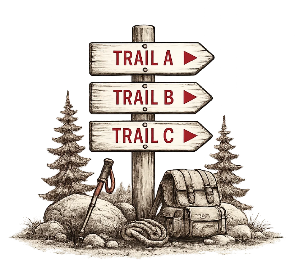 A trail signpost pointing to Trail A, Trail B and Trail C
